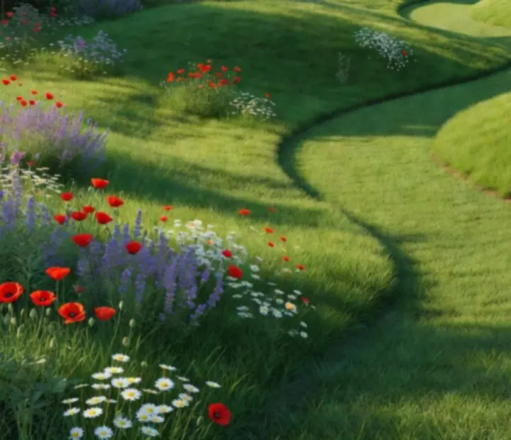 Colourful 3D garden scene bathed in warm light with curving paths and trimmed lawns.