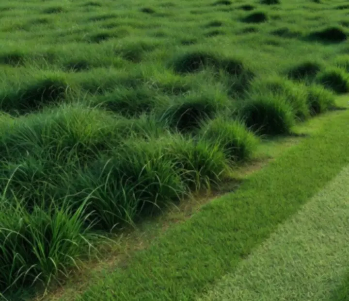Patchy, overgrown grass transitioning into crisp, geometric mowing stripes.