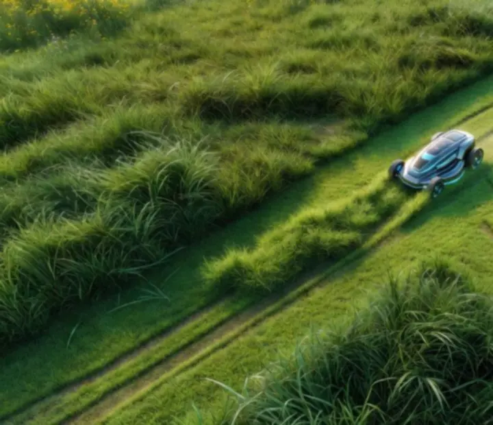 Top-down view of a 3D lawn where a mower has carved a clean path through tall grass