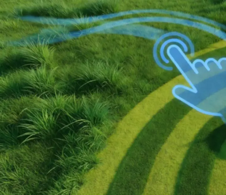 Curved mower paths overlaying a touch controller representation for Grass Cutter: Blade Runner 3D
