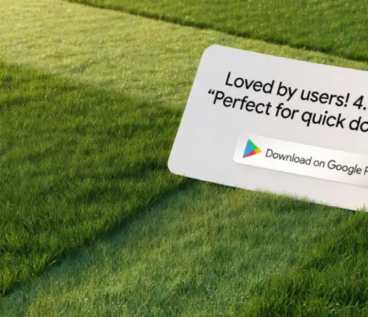 Freshly cut 3D lawn forming a clean path toward a play button style marker.