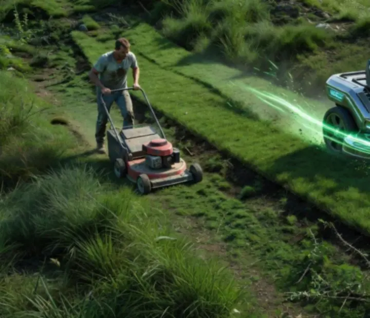 Lawn-cutting equipment slicing through a field, leaving wide trimmed paths behind