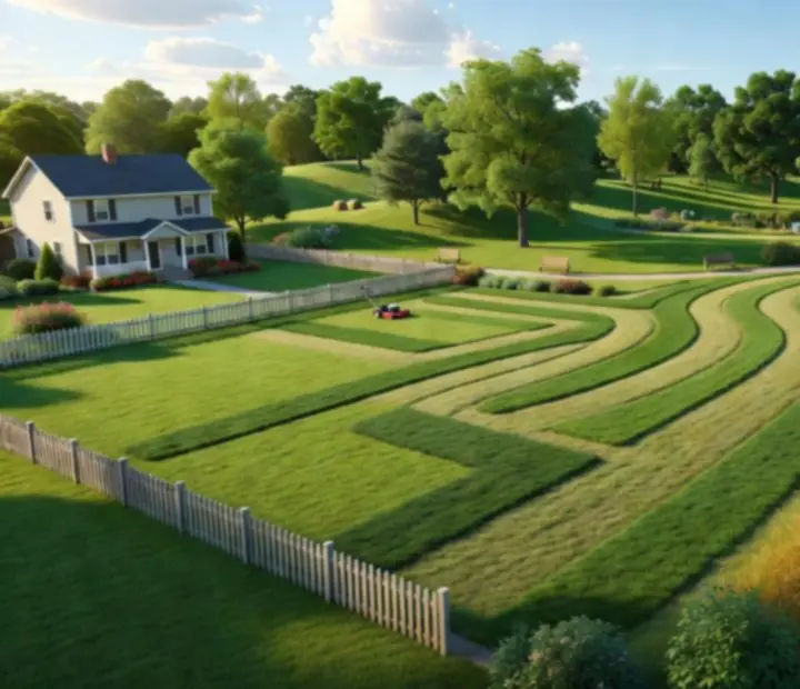 A series of lawns showing progression from small yards to larger fields in Grass Cutter: Blade Runner 3D.