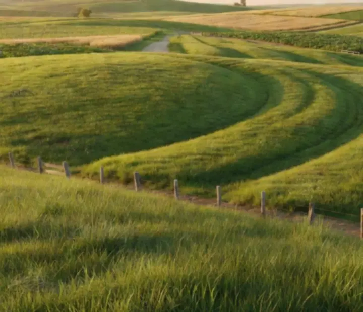 A large rural field with crop rows, fences and mown tracks cutting through tall grass.