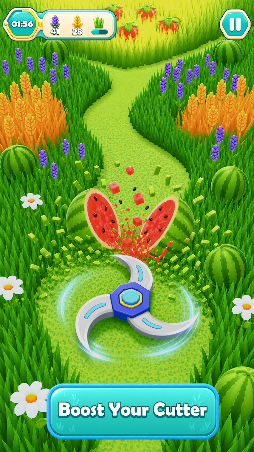 Gameplay view of Grass Cutter: Blade Runner 3D with mowed lawn stripes