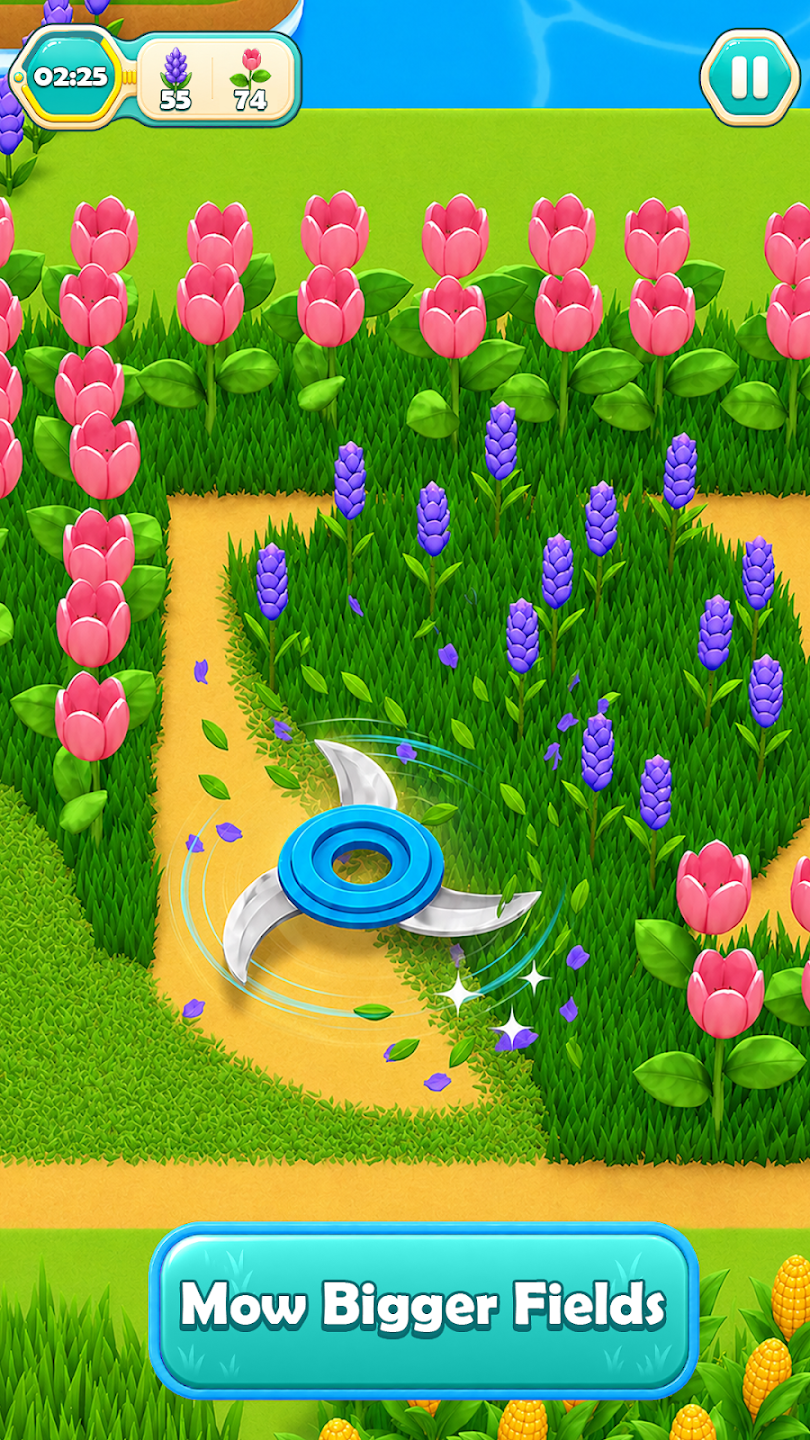 Colourful gameplay scene from the 3D mowing game