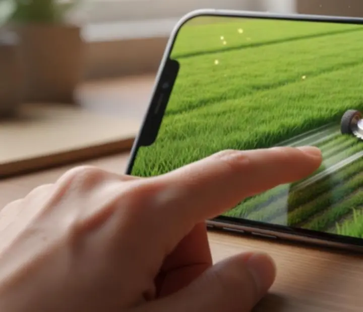 Hand guiding a virtual mower across a mobile screen in Grass Cutter: Blade Runner 3D