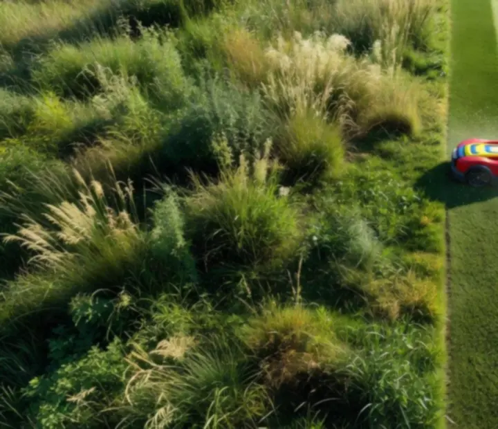 A colourful 3D lawn with a sharp divide between wild grass and freshly cut stripes.