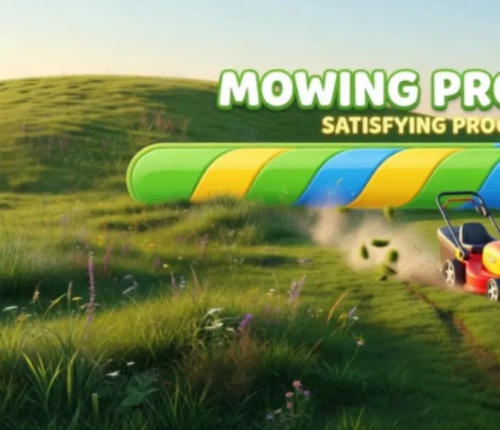 Visual lawn progress bar showing mowing completion and upgrade impact on clearing speed