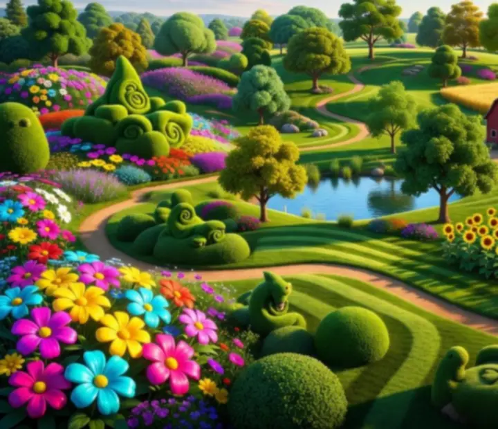 Collage of 3D gardens, parks, farms, and open fields representing different mowing locations.