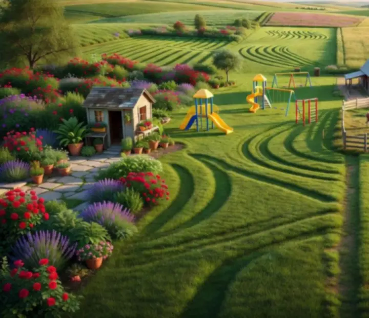 Four 3D outdoor scenes of gardens, parks, farms and open fields used as mowing locations.
