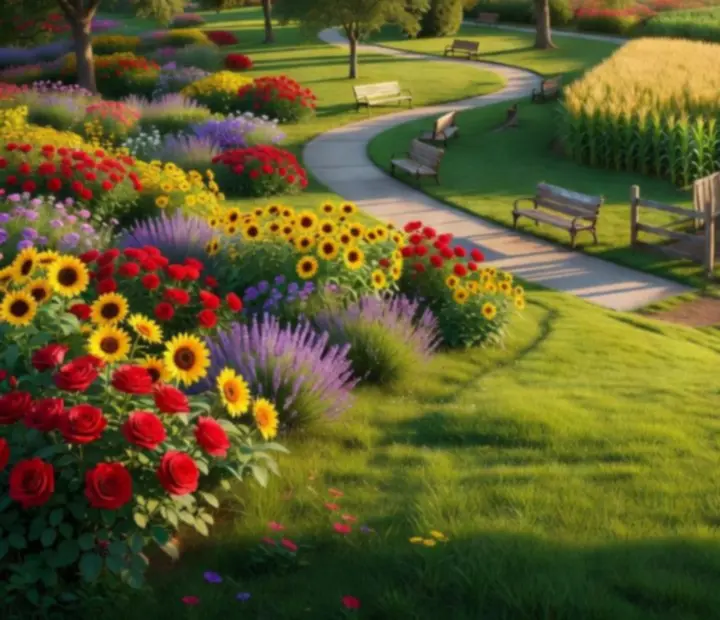 Panoramic collage of gardens, parks, farms and open fields from a colourful 3D mowing game.