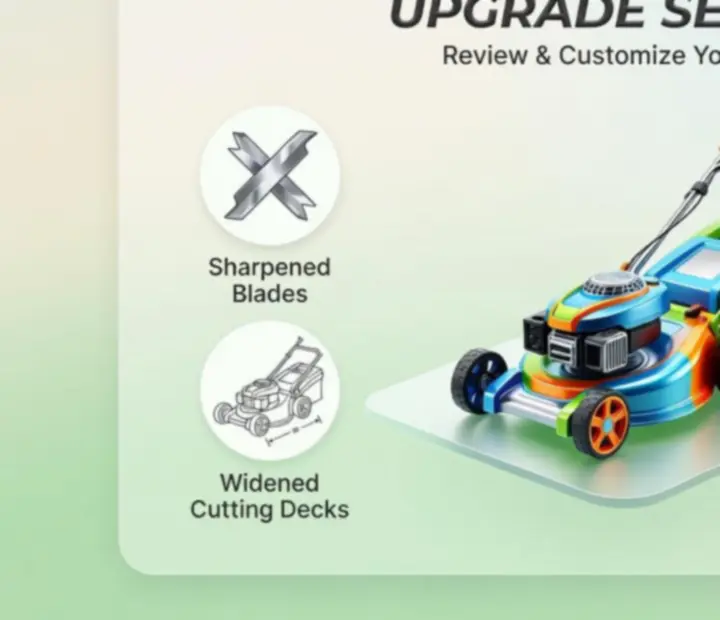 3D mower equipment card showcasing blades and deck upgrades for better lawn cutting.