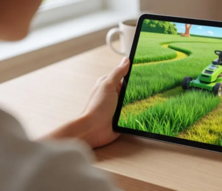 Grass Cutter: Blade Runner 3D being played on a tablet in landscape orientation