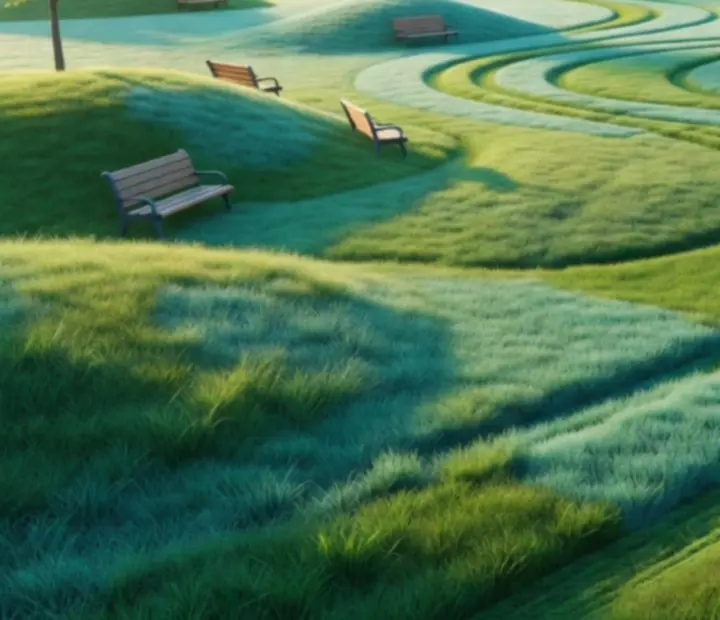 Curving park paths and lawns with benches and play areas scattered across a bright green field.