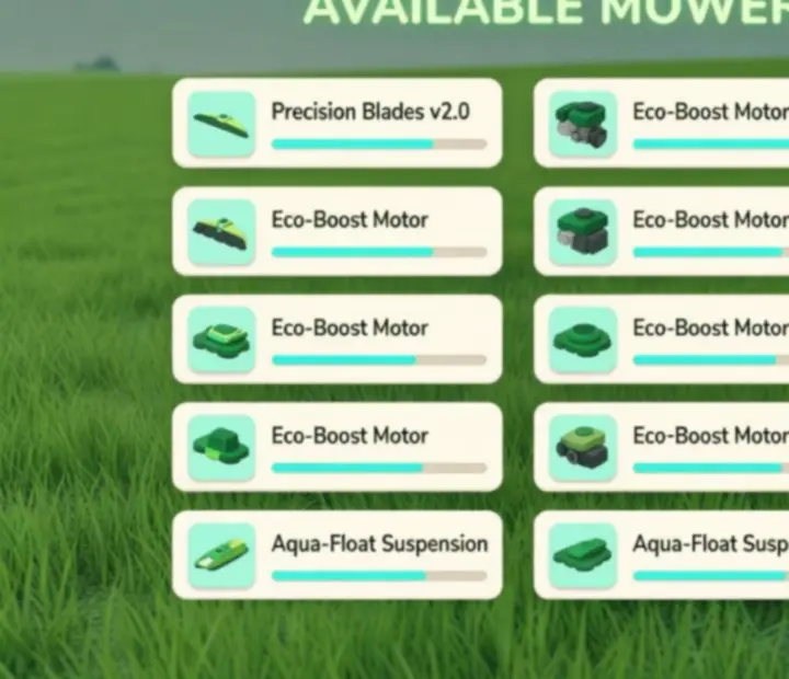 Modern upgrade interface in Grass Cutter: Blade Runner 3D showing accessible options between levels
