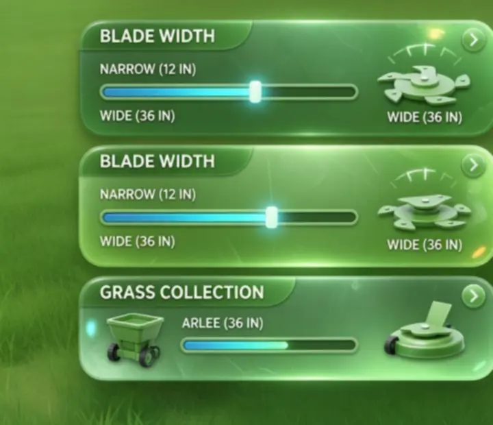Close-up view of the upgrade menu in Grass Cutter: Blade Runner 3D highlighting mower improvements