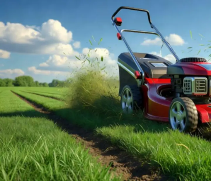 Bright 3D lawn with clean stripes and mowing animation representing the game’s visuals.